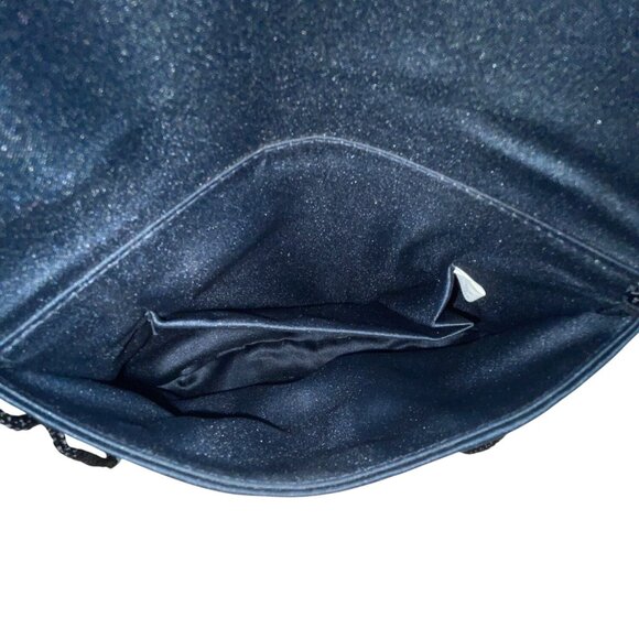 Vintage Black Beaded Satin With Scalloped Flap Design & Long Strap Evening Bag - Picture 7 of 8